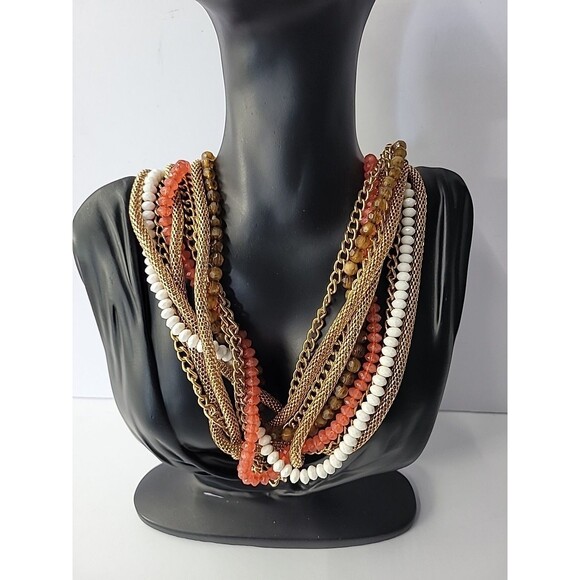 Vintage NY Necklace Multi Strand Beaded Chain Gold Tone Red Gold Twisted - Picture 3 of 14
